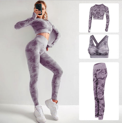 Camo Yoga Outfit Set with High Elasticity (3 Pieces)