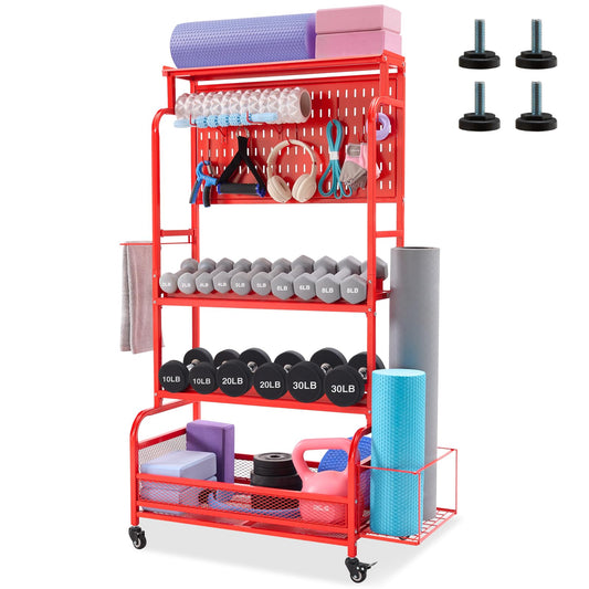 56 Taller Home Gym Storage Organizer Yoga Mat Storage Rack with Hanging Board Exercise Workout Equipment Storage Stand for Home Gym Dumbbell Holder Kettlebell Rack with Wheels and Hooks (Red)