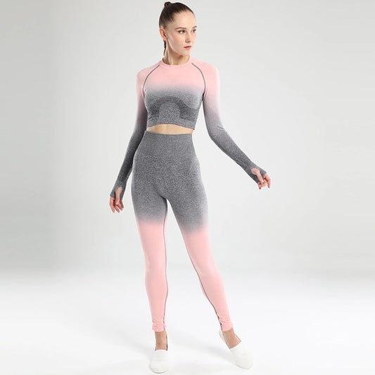 Seamless Yoga Outfit Set with Gradient Design for Fall/Winter